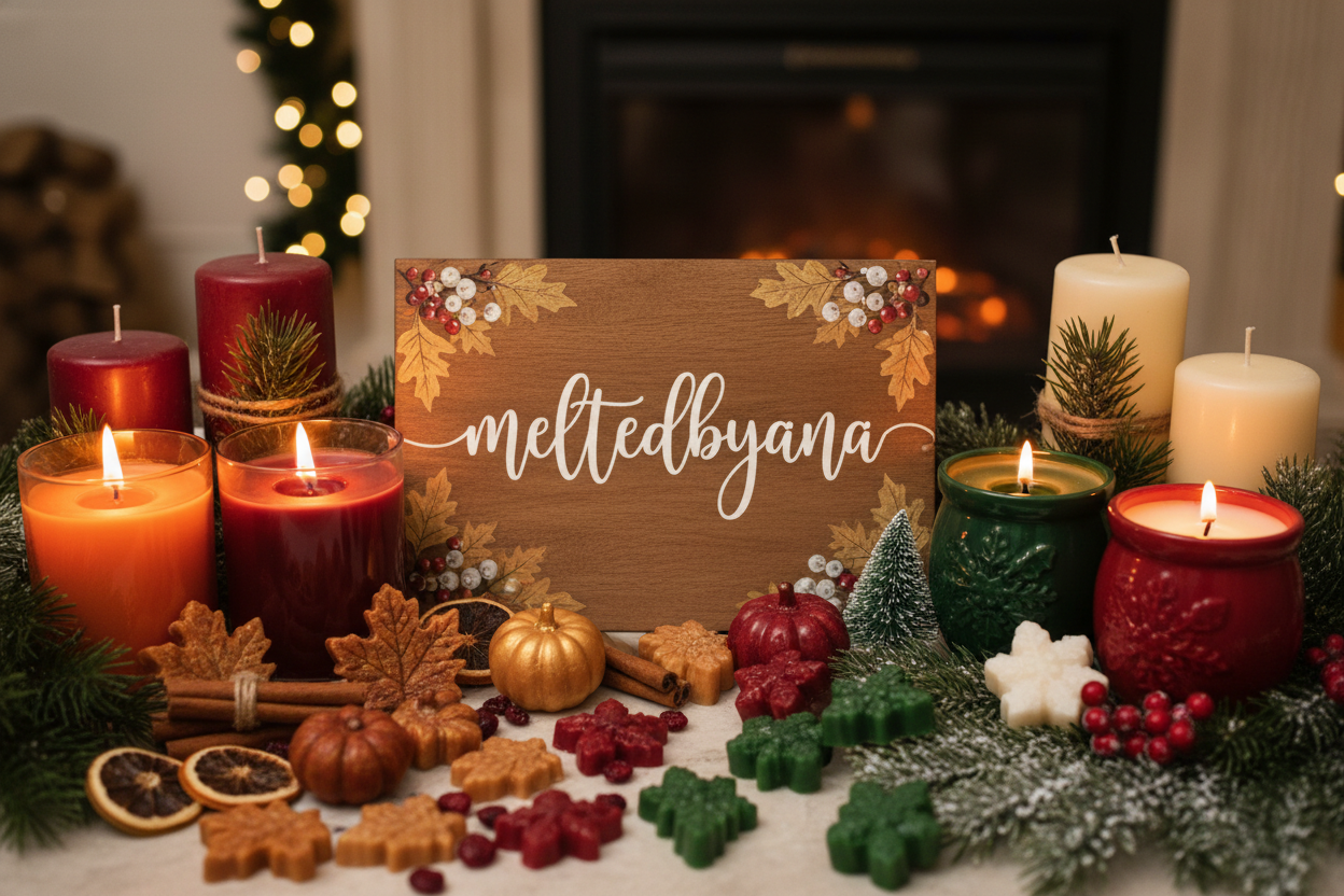Something that says meltedbyana that has wax melt and candles that has something to do with christmas and Thanksgiving 